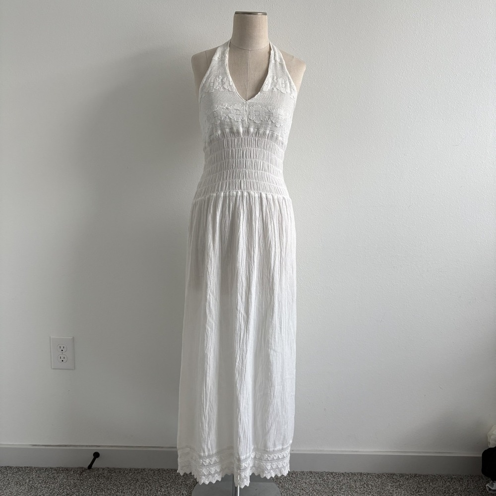 Seaspice Resort Wear White Halter Maxi Dress 100% Peruvian Cotton Women M Beach